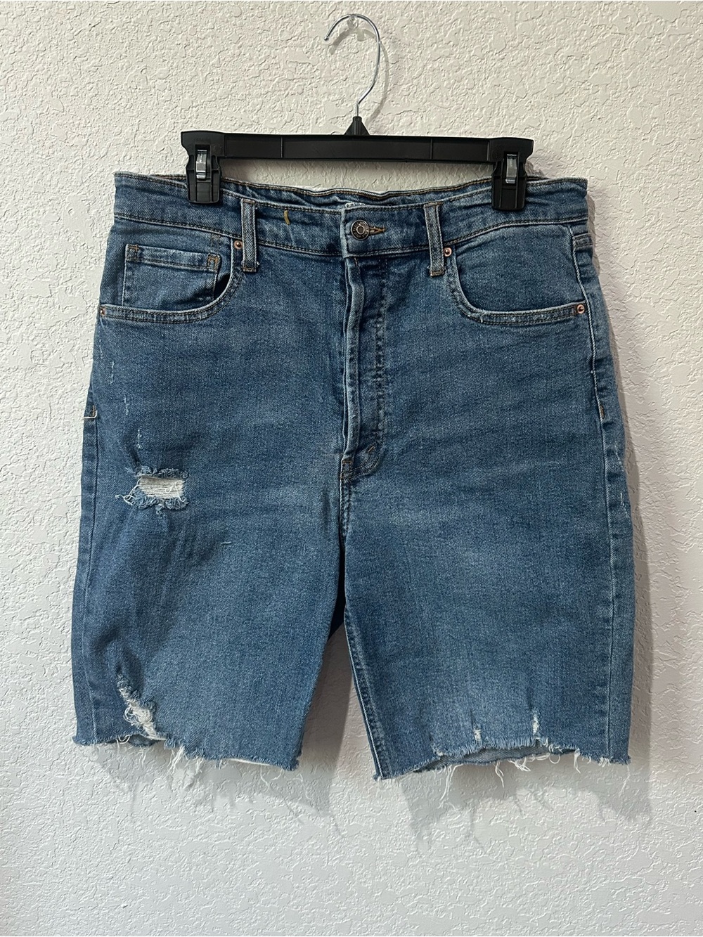 ❗️High-Waist Distressed Denim Bermuda Shorts - Blue Size 14